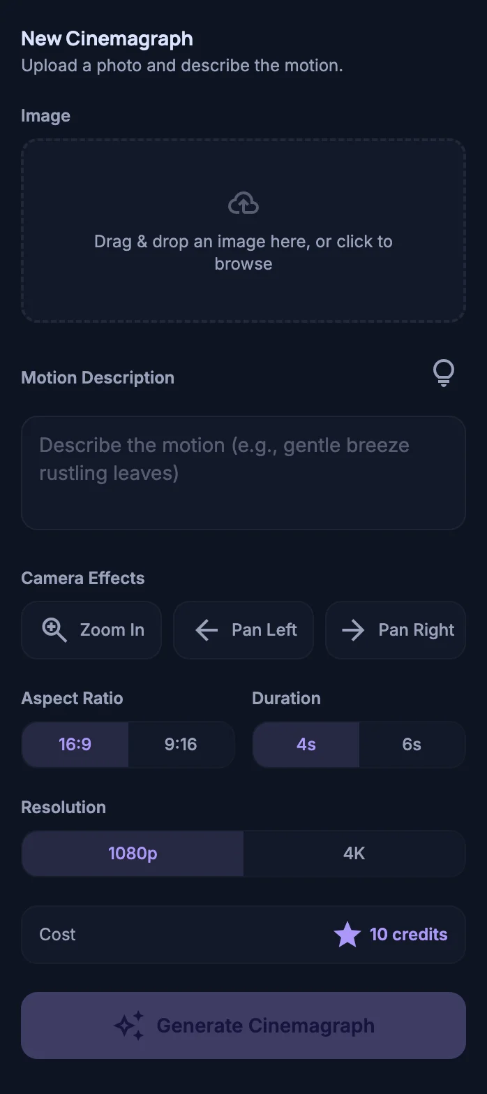 Loopa Studio cinemagraph tool — empty state, before uploading the product image