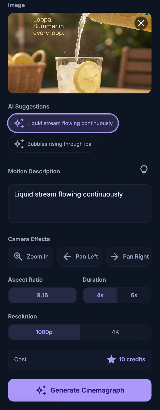 Loopa Studio cinemagraph tool — image dropped in, AI suggesting 'liquid stream flowing continuously' and 'bubbles rising through ice', motion description filled in, 9:16 aspect ratio selected
