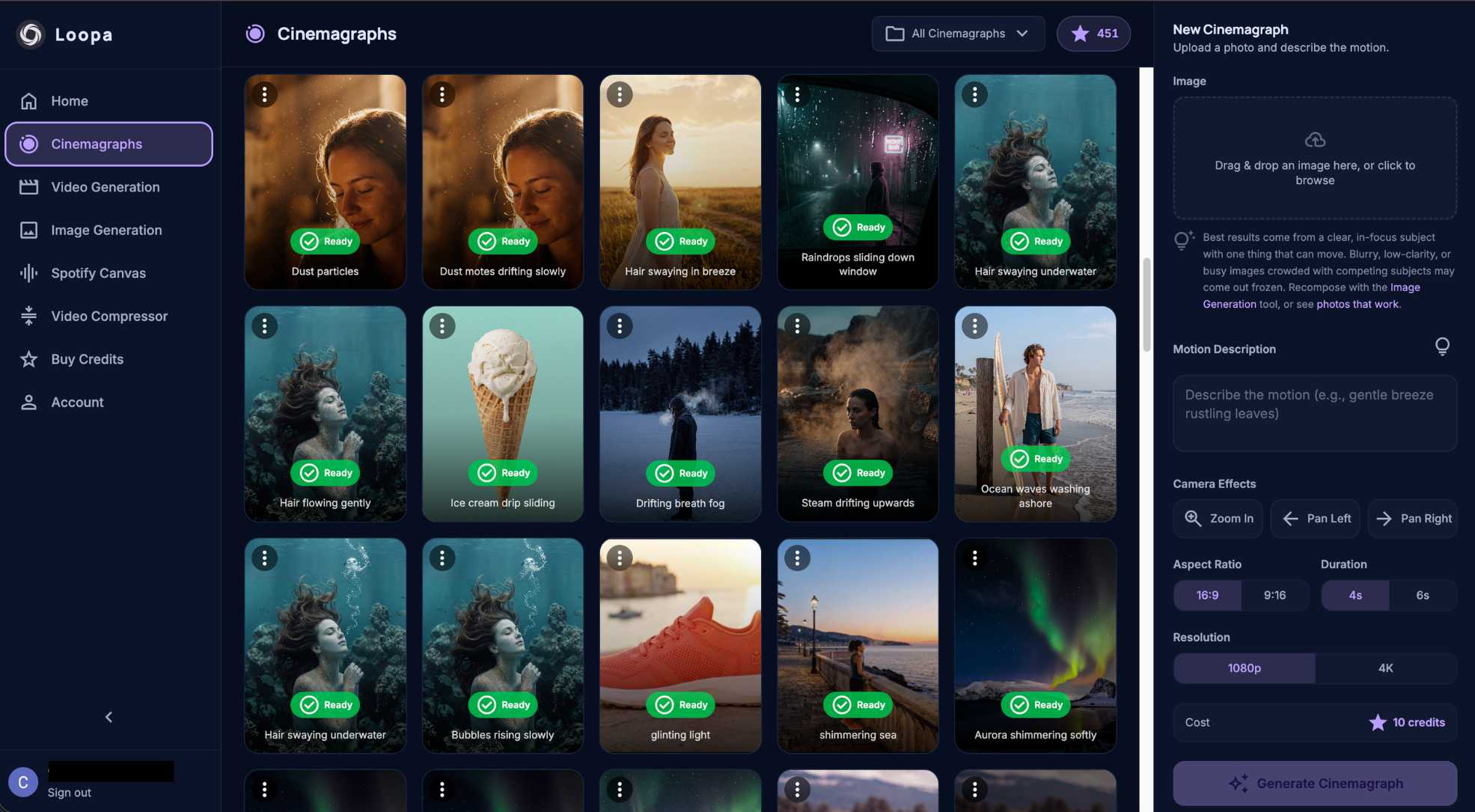 The Loopa Studio dashboard — a gallery of finished cinemagraphs with the New Cinemagraph panel open, and a sidebar linking to Video Generation, Image Generation, Spotify Canvas, Video Compressor and more.