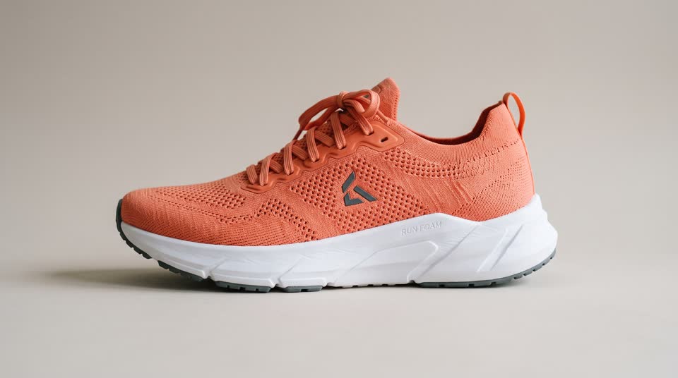 The input: a standard studio packshot of a coral running shoe on a beige background